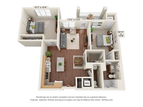 Oaks Landings_3D_2 Bedroom_2F Floor Pan
